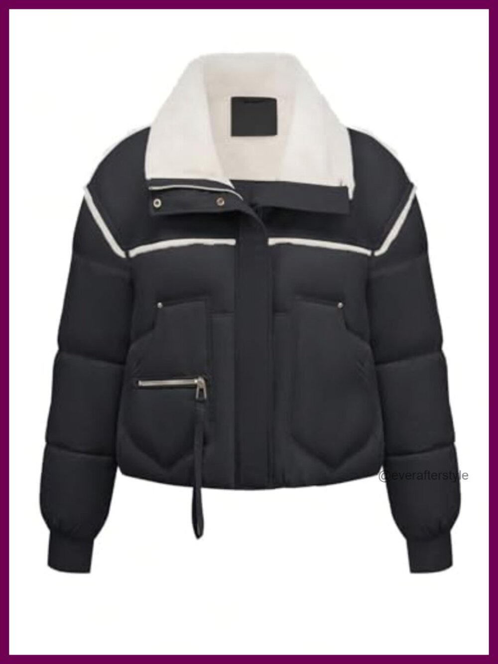 Faux Leather Panel Cropped Down Jacket Faux Shearling Collar Long Sleeve